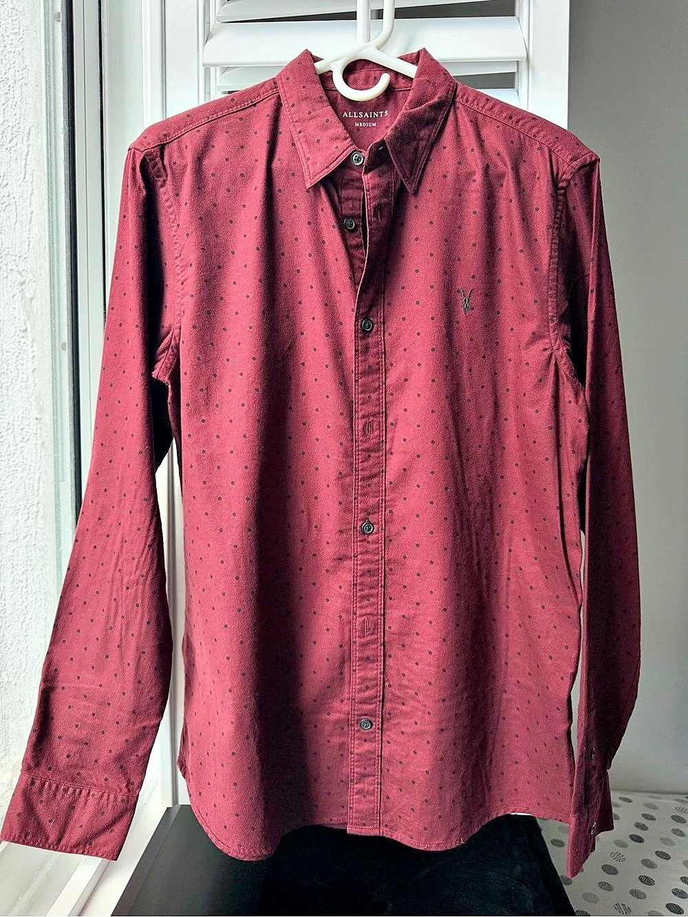 AllSaints Bethel Men's Burgundy Polka Dot Flannel Shirt M Ramskull